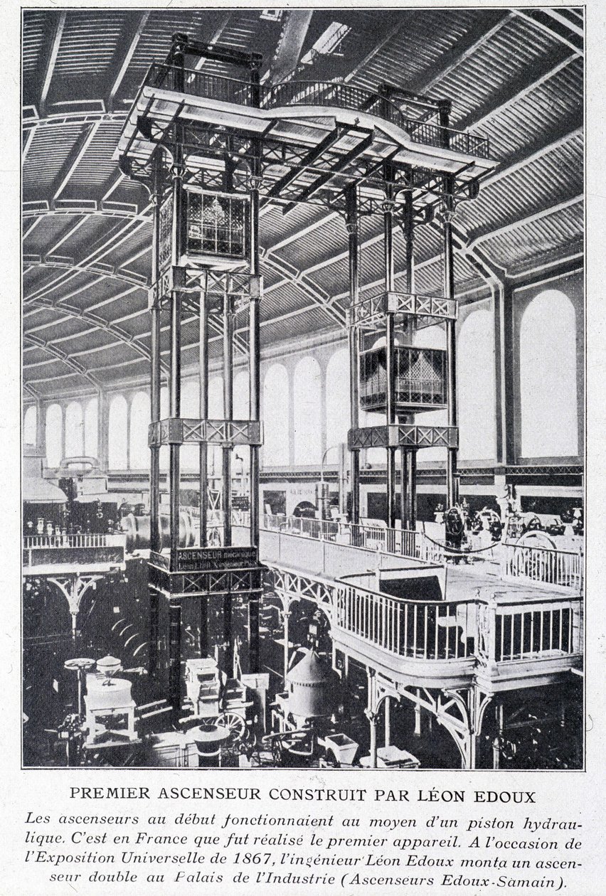 Eerste lift gebouwd door Léon Edoux op de universele tentoonstelling van 1867 door Unknown artist