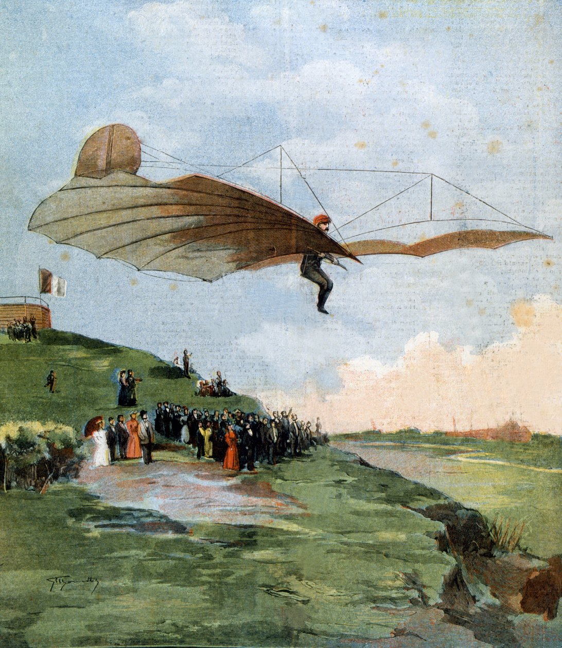 Eerste zweefvlucht van Otto Lilienthal (1848-1896), een Duitse ingenieur, op zijn vliegtuig in 1894 door Unknown artist