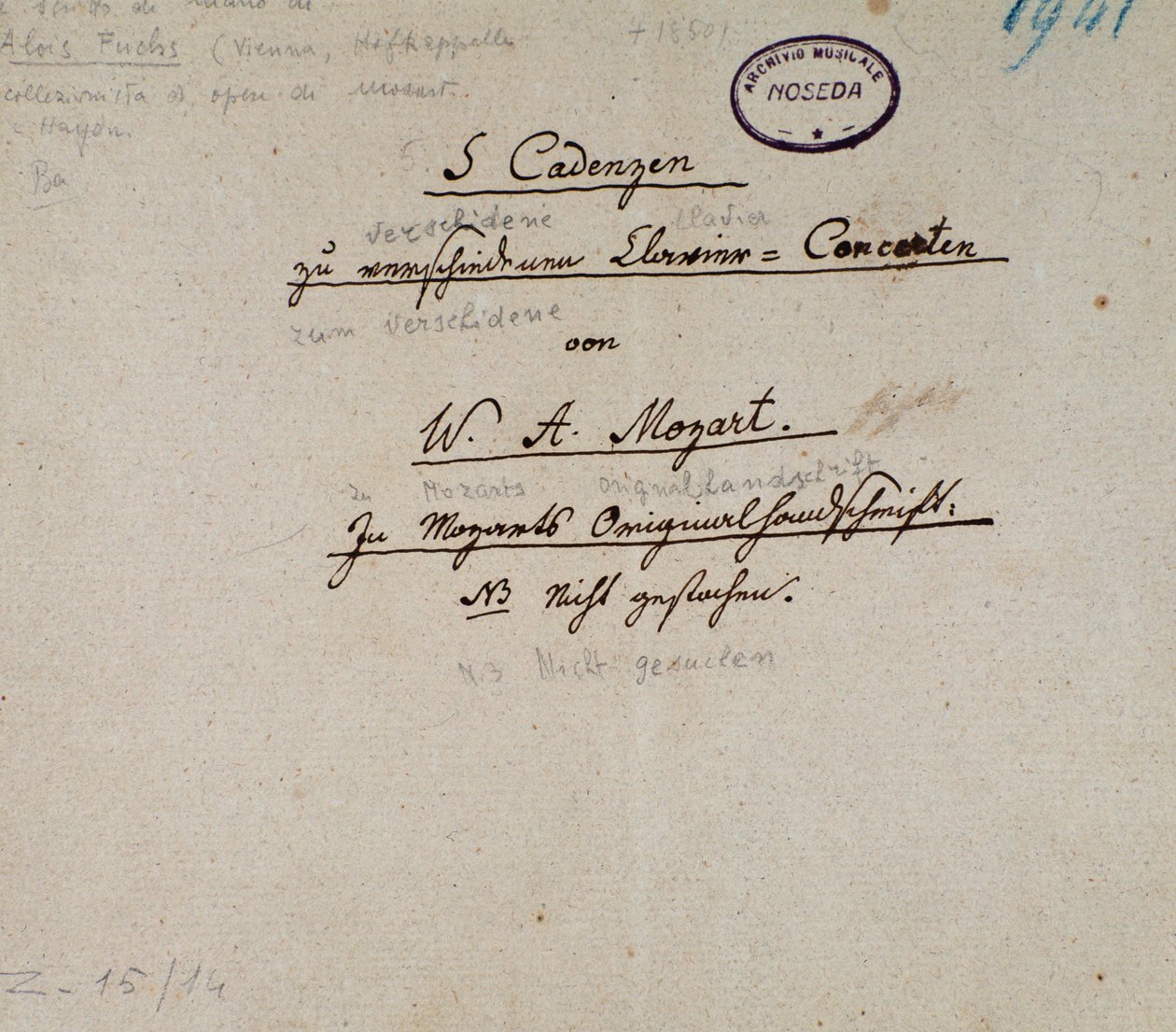 Eerste pagina van een manuscript van 5 cadensen voor piano door Mozart door Unknown artist