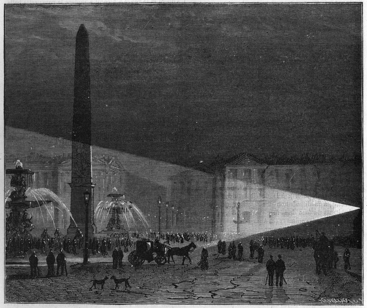 Eerste openbare ervaring met elektrische verlichting gemaakt in Parijs op de Place de la Concorde door Deleuil en Léon Foucault in december 1844. in 