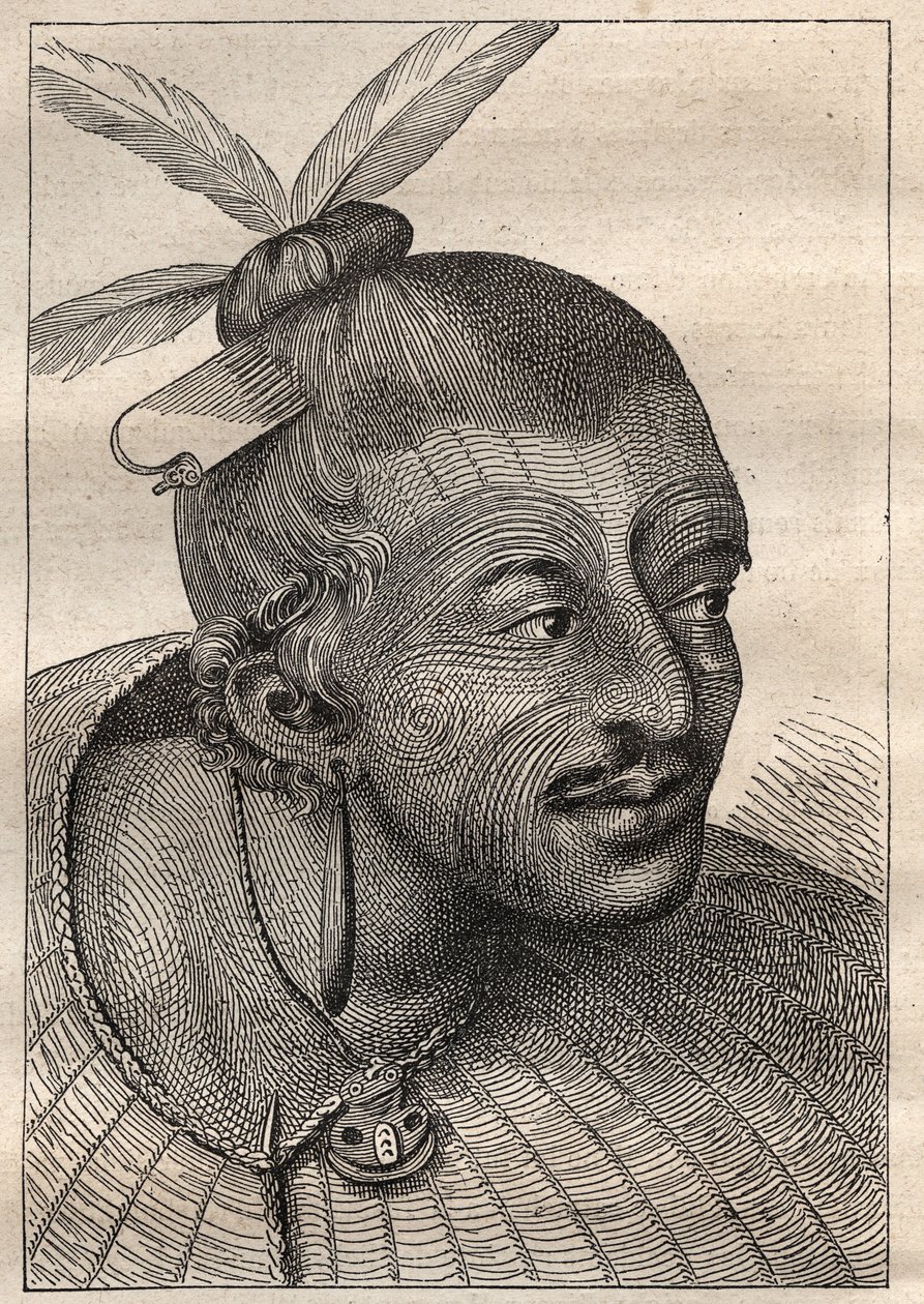 Eerste reis (1768-1771) van kapitein James Cook (1728-1779): getatoeëerd hoofd van een Nieuw-Zeelander - illustratie uit 