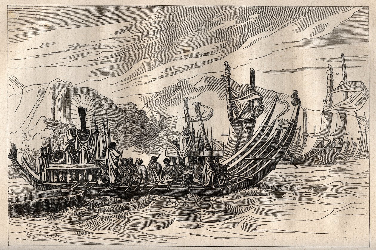 Eerste reis (1768-1771) van kapitein James Cook (1728-1779): de Tahiti vloot verzameld in Oparee - illustratie uit De Grote Zeevaarders van de 18e eeuw door Unknown artist