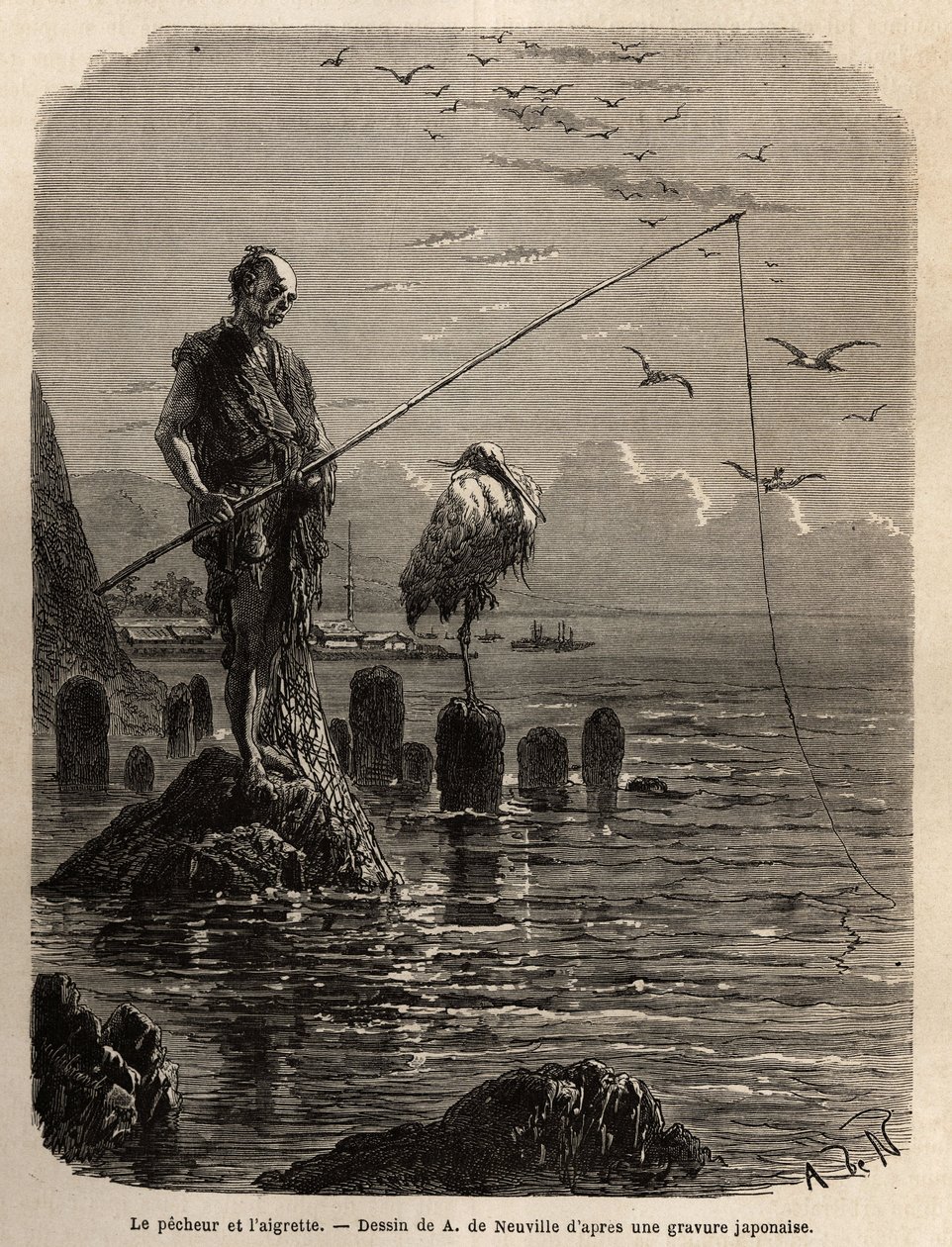 Visser van Yedo Bay (of Edo, het huidige Tokio), gegrepen door een adelaar, een lage maree, de boten leggen de vissers op blokken steen die droog in de baai zijn gelegd, de laatsten blijven rechtop, onbeweeglijk en vissen met de haak van de vis die ze in e door Unknown artist