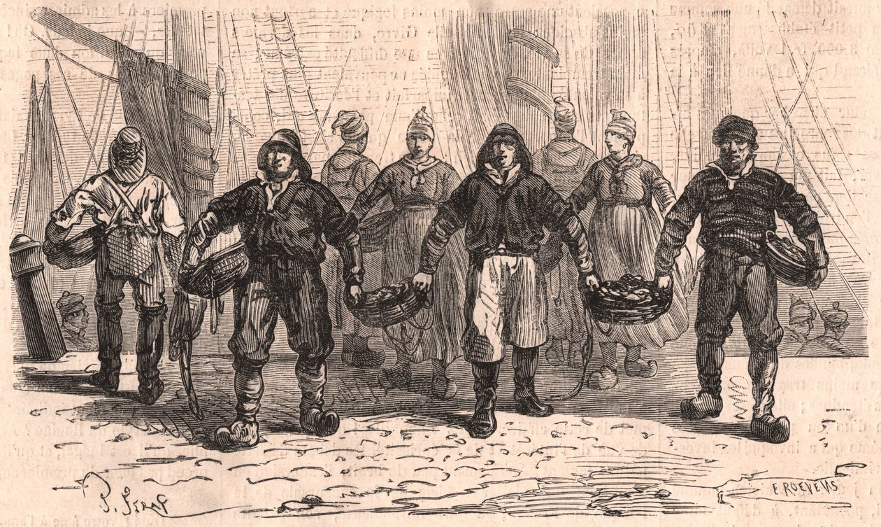 Vissers met manden vol vis op de kade van de haven van Trouville, Frankrijk door Unknown