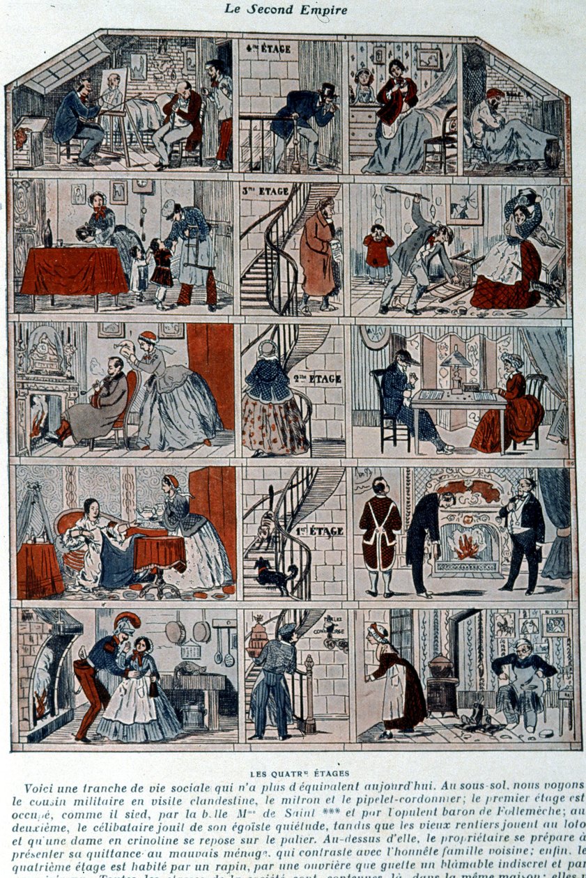 Vijf verdiepingen die de verschillende sociale klassen onder het tweede keizerrijk tonen. Illustratie weergegeven als een doorsnede van een Parijs gebouw. door Unknown artist