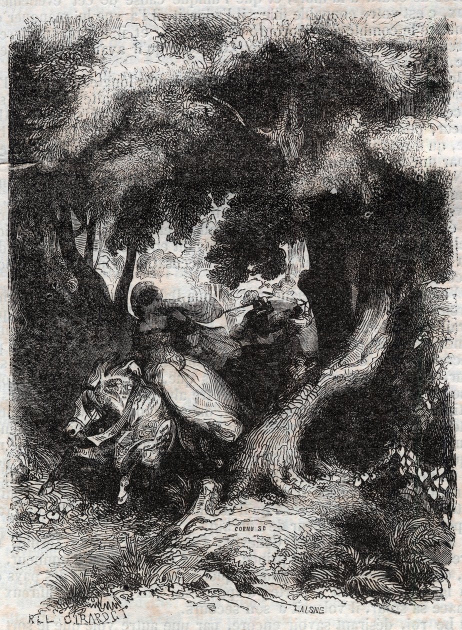 Vlucht van Angelica tijdens de strijd - gravure van 1851 uit 