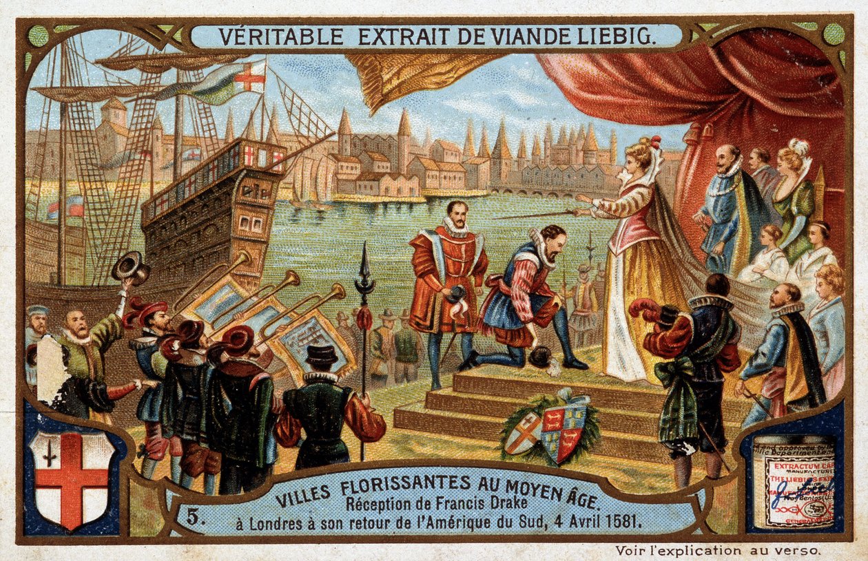Bloeiende steden van de Middeleeuwen: ontvangst van Francis Drake (1542-1596) in Londen (Engeland), bij zijn terugkeer uit Zuid-Amerika, 4 april door Unknown artist