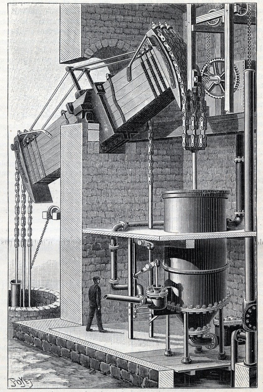 Voormalige stoommachine van Thomas Newcomen momenteel in werking nabij Bristol in Engeland. Gravure in 