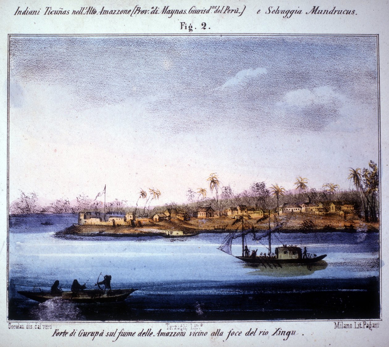 Fort van Gurupá aan de Amazone, nabij de monding van de Rio Xingu in Ecuador. Gravure uit 1846 - 1848 door Unknown artist