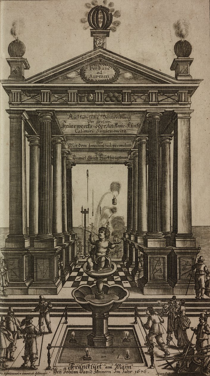 Fontein met cherubijn en tempel, gravure, frontispice uit Grand Art d