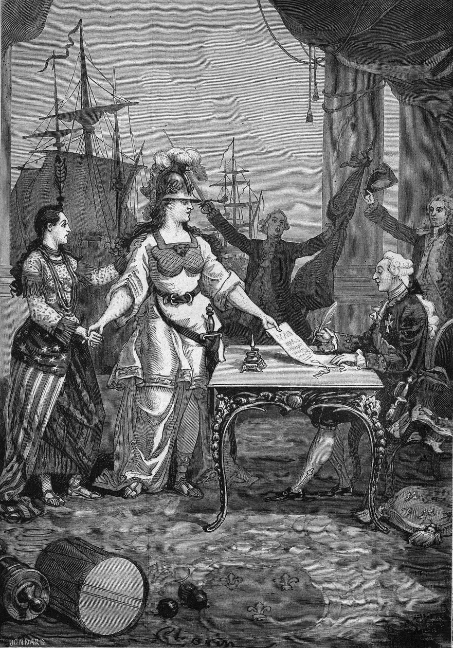 Frankrijk geallieerd - De koning (Lodewijk XVI) hoefde alleen maar te tekenen: op 6 februari 1778 werd het vriendschaps- en handelsverdrag tussen Frankrijk en de opstandige kolonie van Noord-Amerika ondertekend, dat Frankrijk verplichtte de onafhankelijkhe door Unknown artist