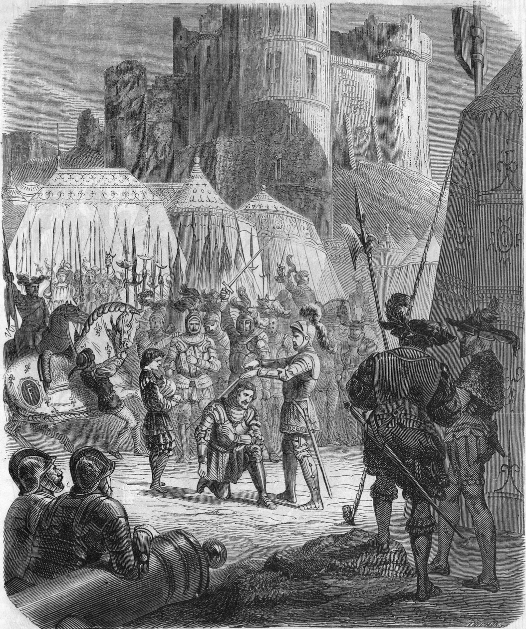 Frans I van Frankrijk vraagt om geridderd te worden door de Chevalier Bayard na de overwinning bij de Slag bij Marignano, Italië door Unknown artist