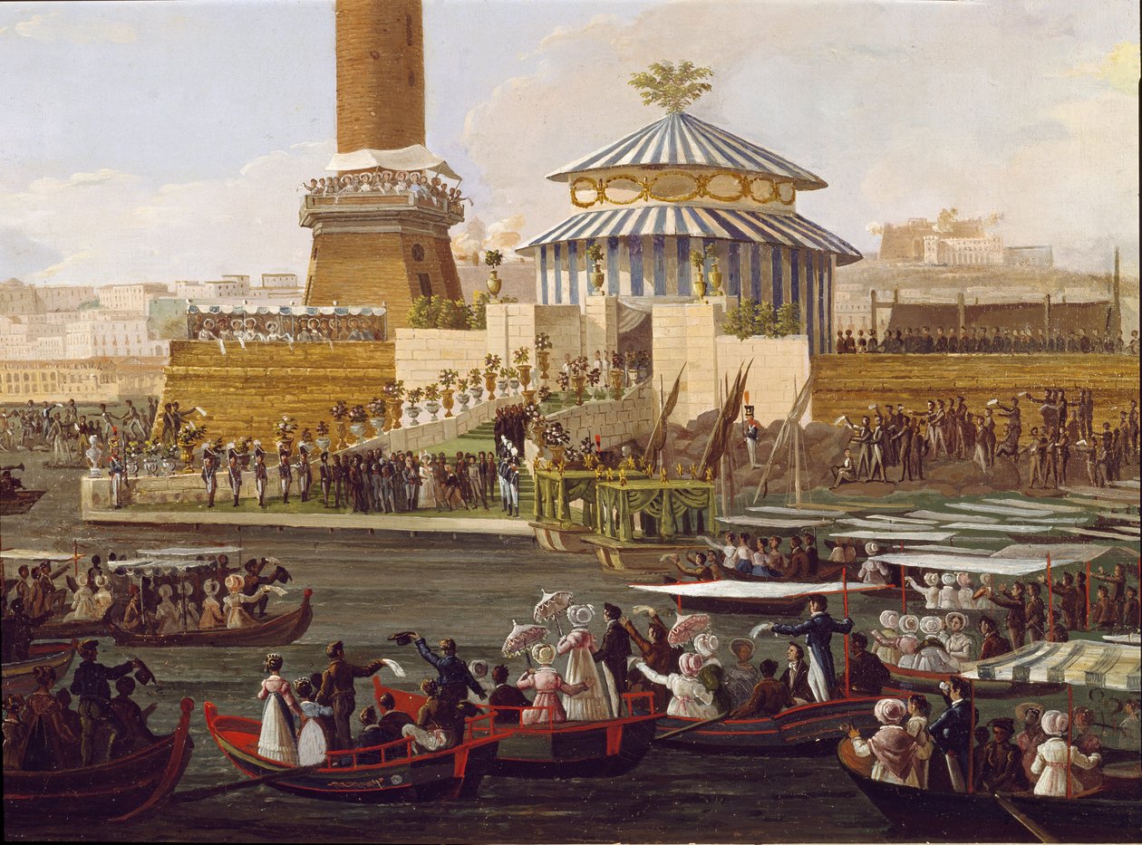Francois I van de Twee Siciliën (1777-1830) en zijn vrouw Marie Isabella van Spanje (1789-1848) bij een ceremonie in het arsenaal van Napels door Unknown artist