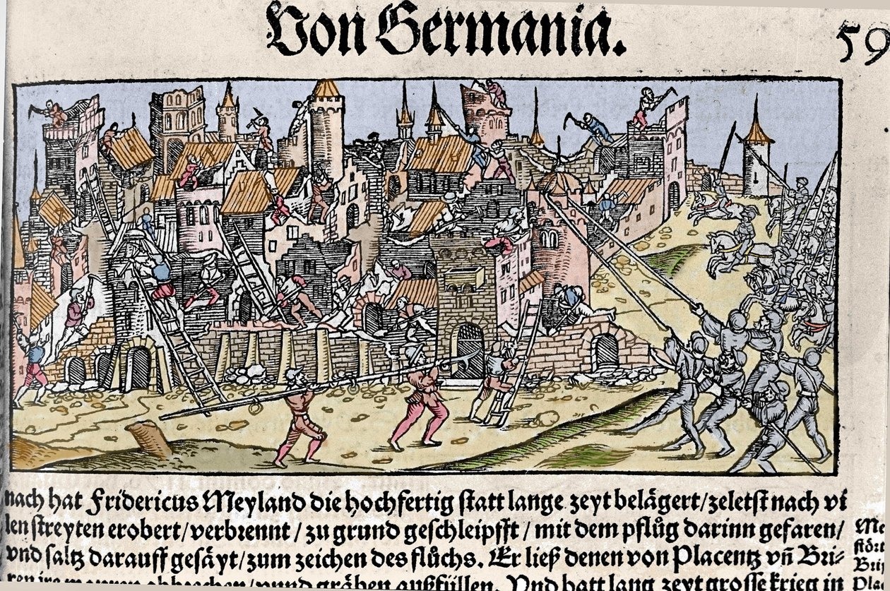 Frederik Barbarossa, keizer van het Heilige Roomse Rijk, veroverde en vernietigde Milaan in 1162 door Unknown artist