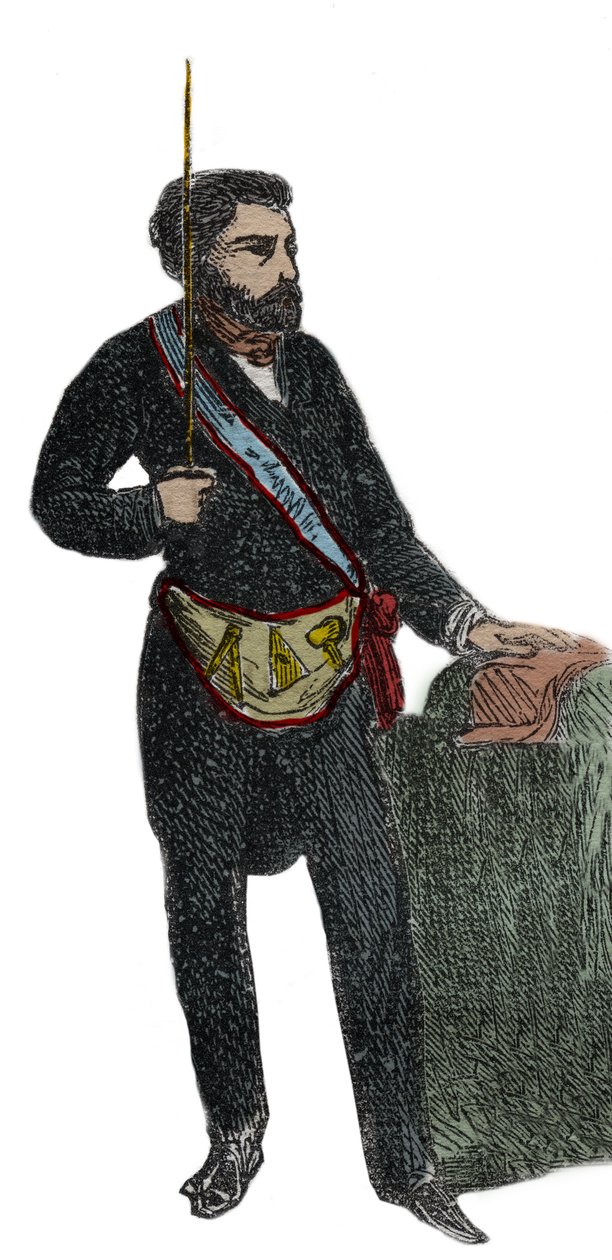 Vrijmetselarij - Kostuum van een Vrijmetselaar voor zijn ontvangst in de graad van Meester (gravure uit 1879 in 