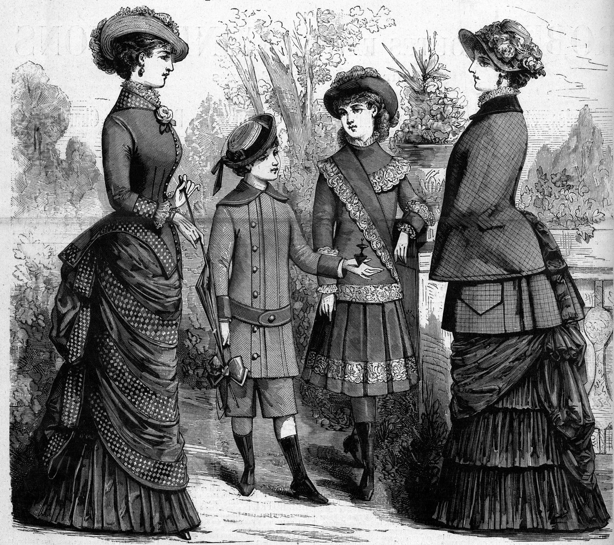 Franse vrouwelijke en kindermode in de 19e eeuw. Advertentie van 1882. Gravure in 