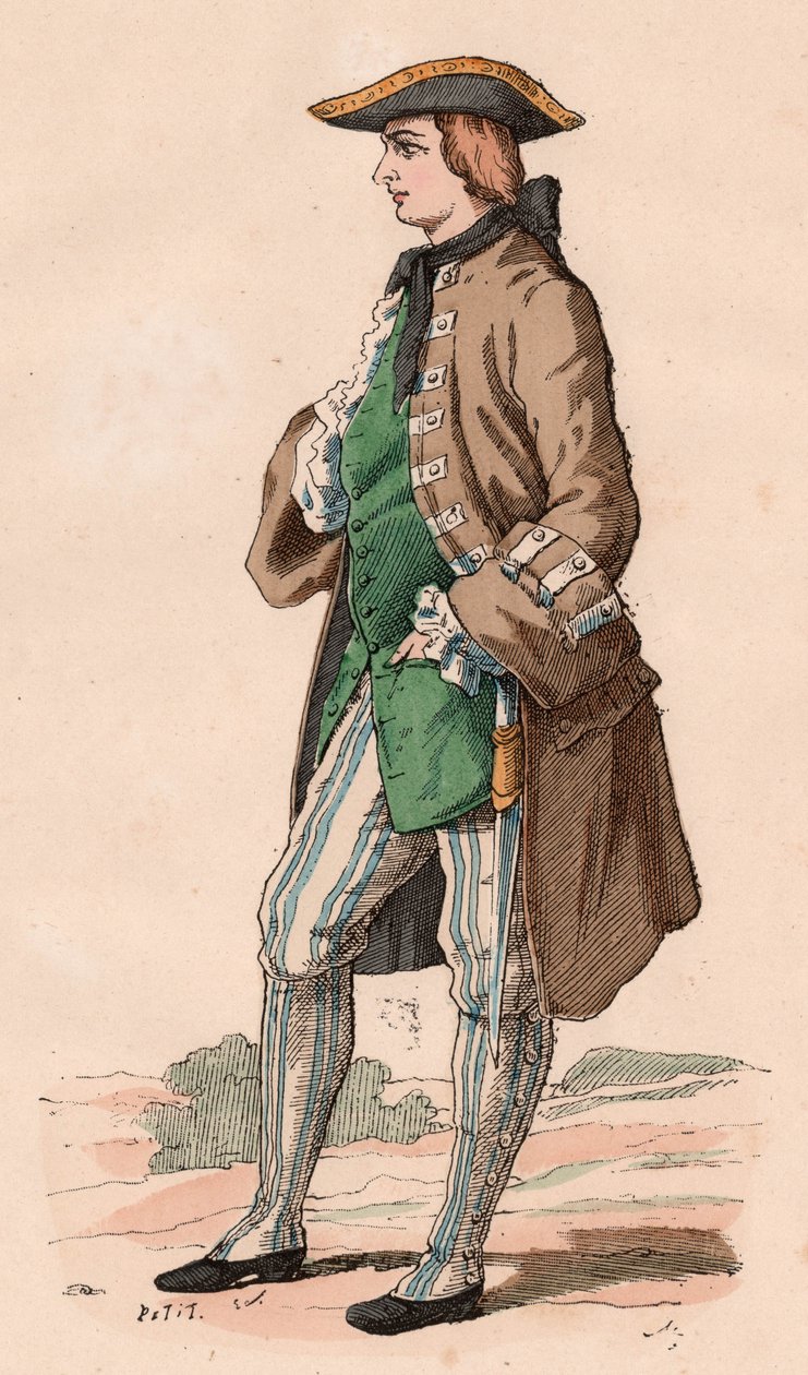 Franse heer in jachtkostuum, met jas, vest en driekantige hoed met een dolk aan zijn zijde tijdens de XVIII eeuw door Unknown