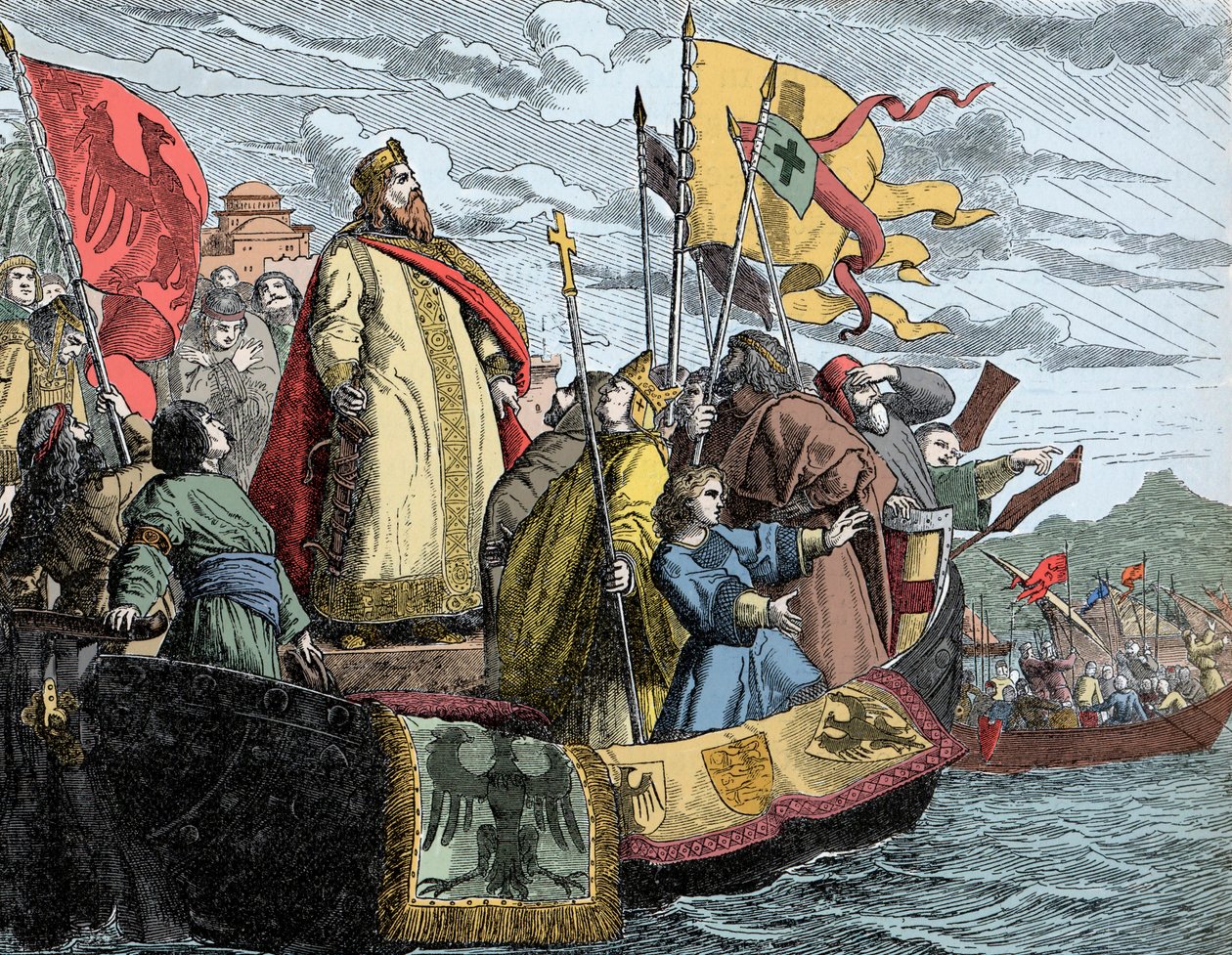 Frederik I (Barbarossa) steekt over naar Klein-Azië tijdens de 3e Kruistocht (1189) door Unknown artist
