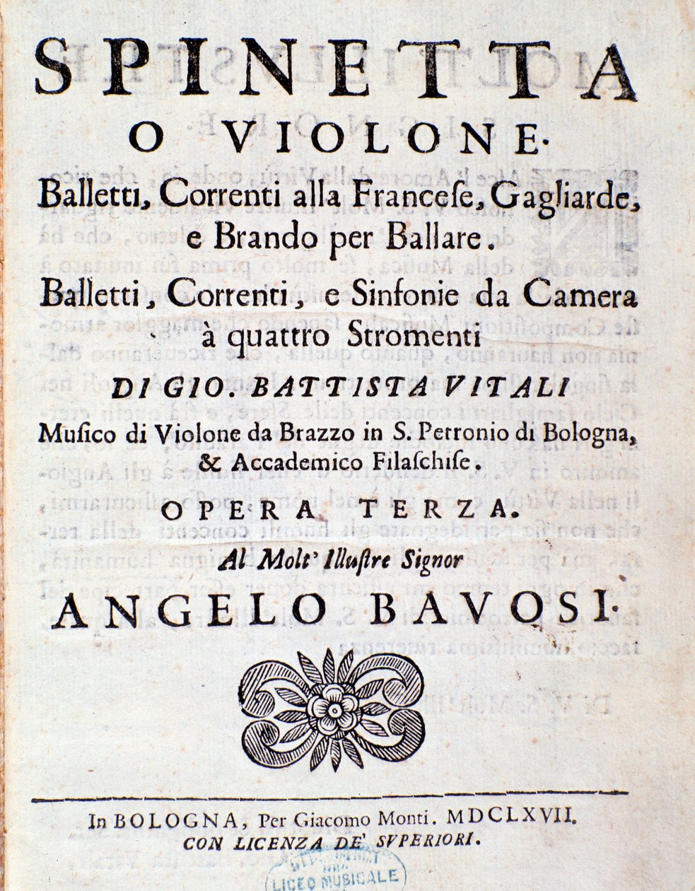 Frontispice van muzikale partituur van Balletti, correnti alla francese opus 3 door Giovanni Battista Vitali door Unknown artist