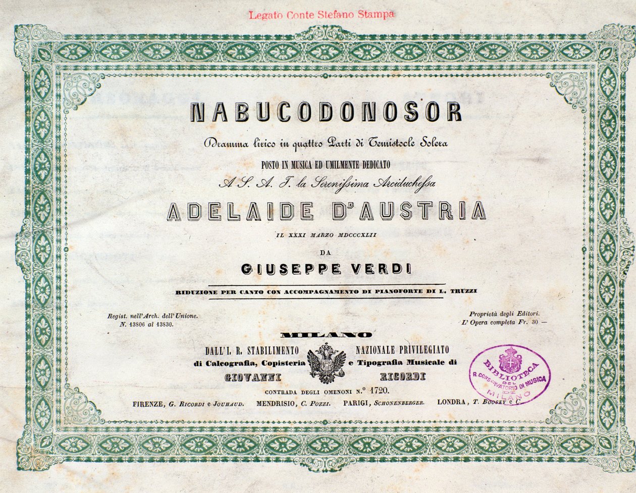 Frontispice van de partituur van de opera Nabucco door Giuseppe Verdi door Unknown artist