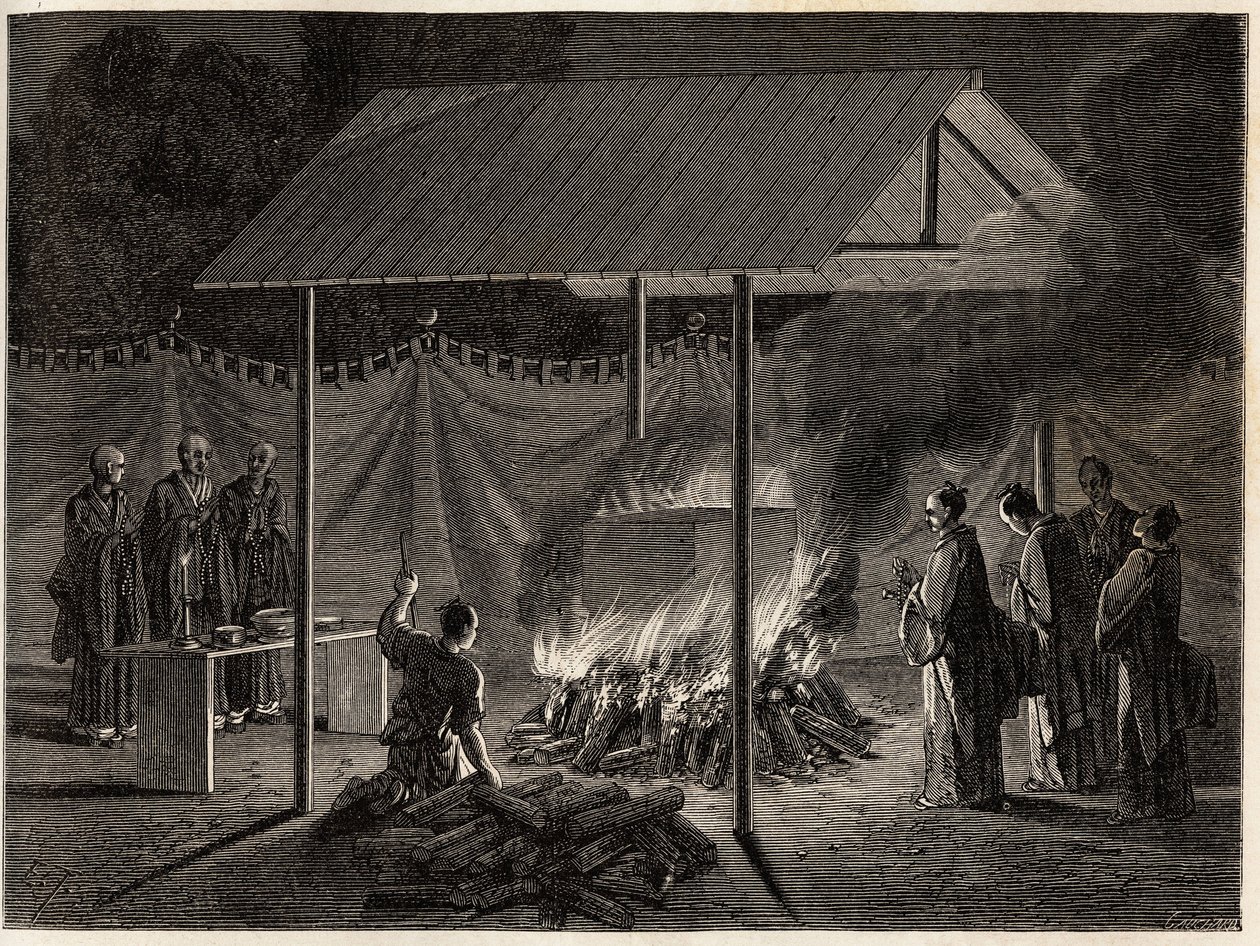 Begrafenisceremonies: rituele verbranding. Gravure ter illustratie van de reis naar Japan in 1863-1864, door Aime Humbert, minister van de Zwitserse Confederatie, in 
