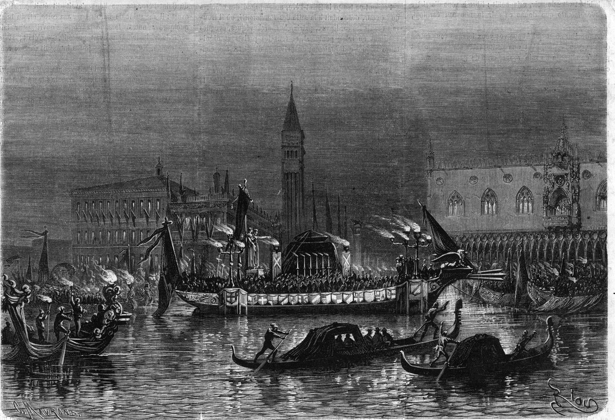Begrafenis van Daniele Manin (1804-1857), die deelnam aan het Risorgimento, in Venetië: de rouwgondel die de as naar de kerk van St. Zacharia vervoert, passeert voor het koninklijk paleis. Gravure in 