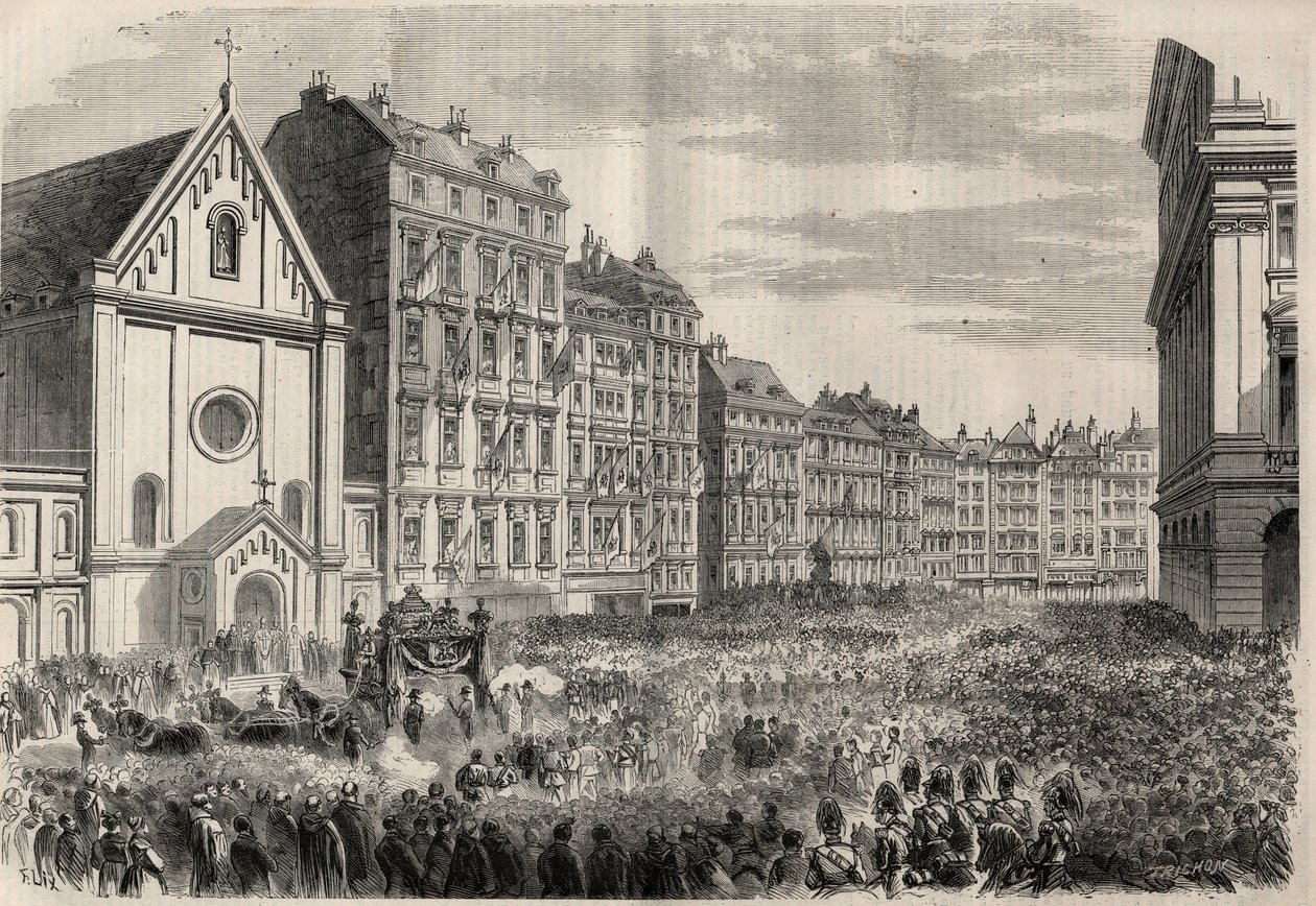 Begrafenis van Keizer Maximiliaan I van Mexico (1832-1867): aankomst van de begrafenisstoet voor de Kapucijnenkerk van Wenen. Gravure in 
