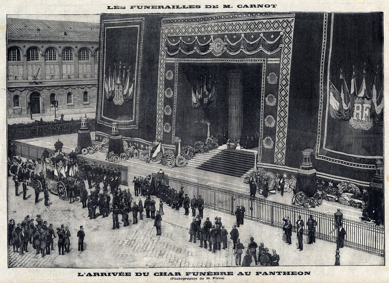 Begrafenis van Sadi Carnot (1837-1894), voormalig Frans president, in het Pantheon in Parijs. Aankomst van de begrafeniswagen. Gravure in 