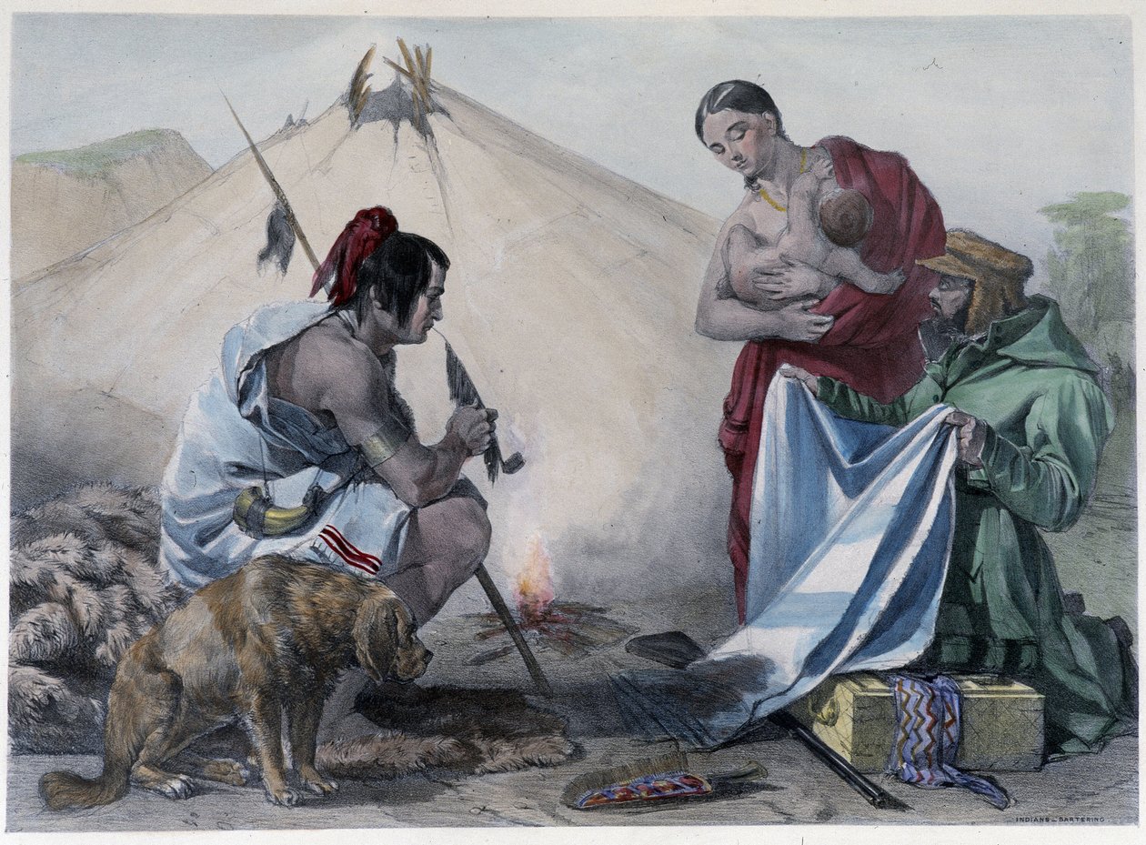 Bont ruilen voor stof tussen Canadese Huron-indianen en blanke man - in 