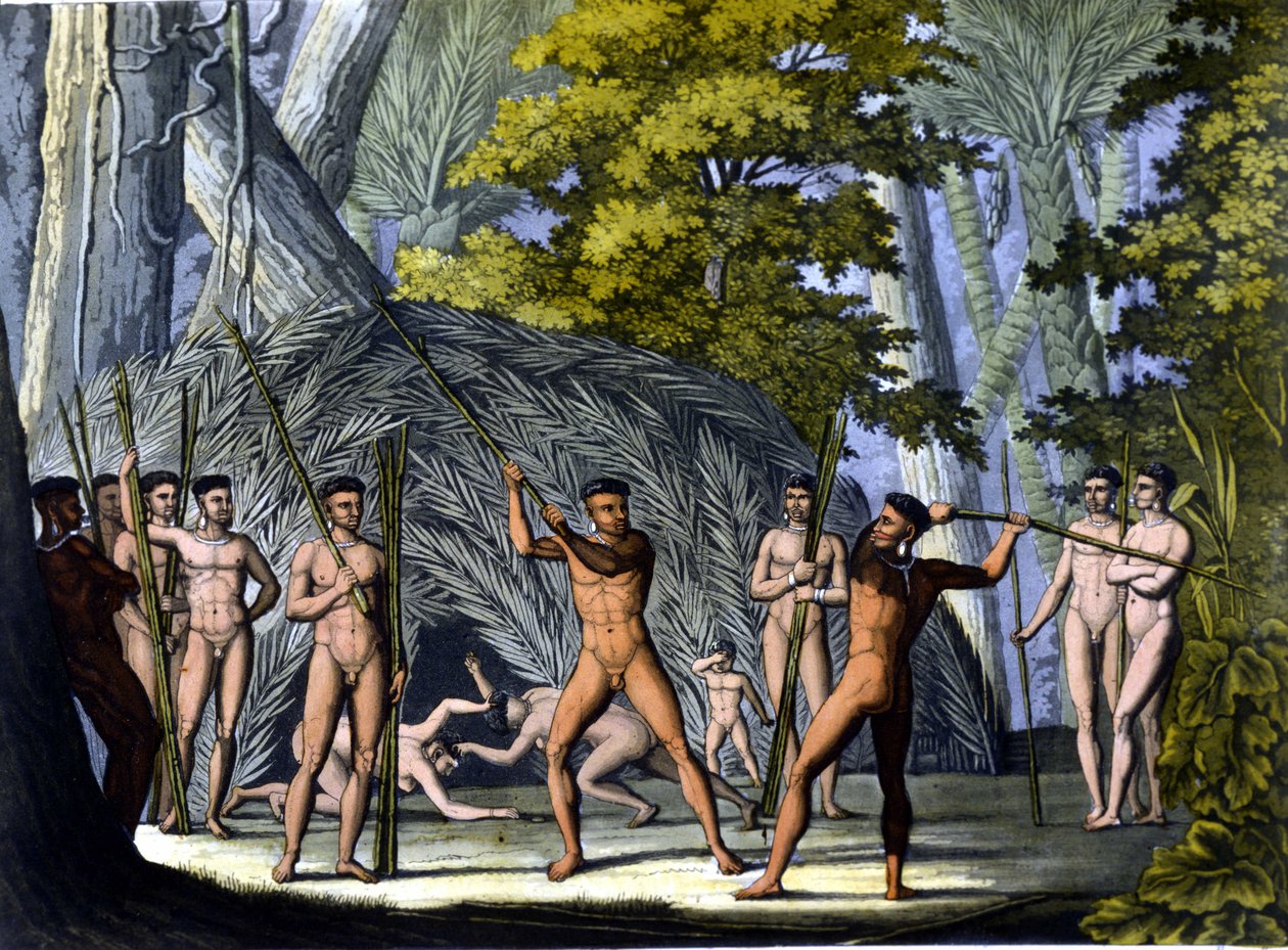 Gevecht tussen Botocudos, indianen van Brazilië - in 