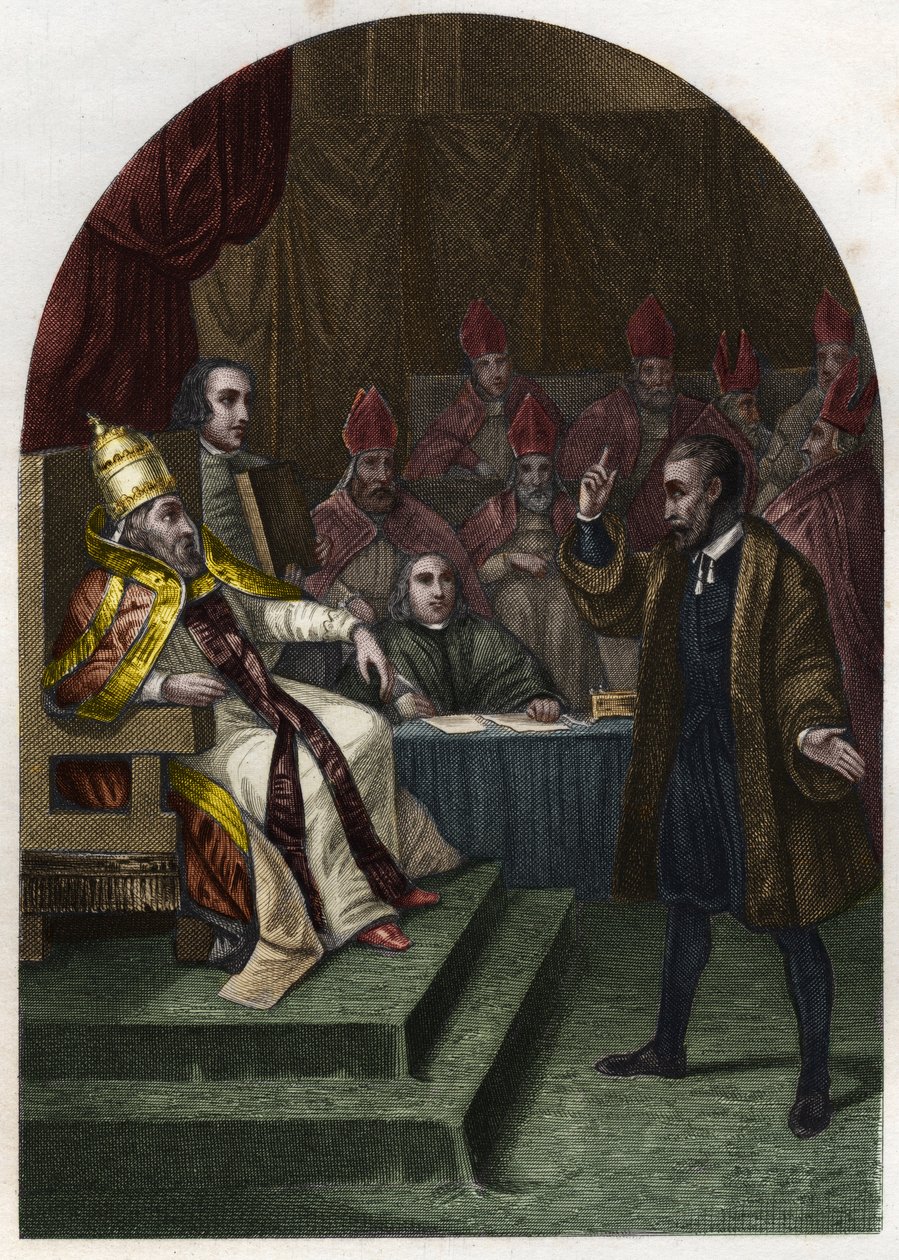 Galileo Galilei (1564-1642) voor paus Urbanus VIII in 1633. Gravure uit 1842 in 