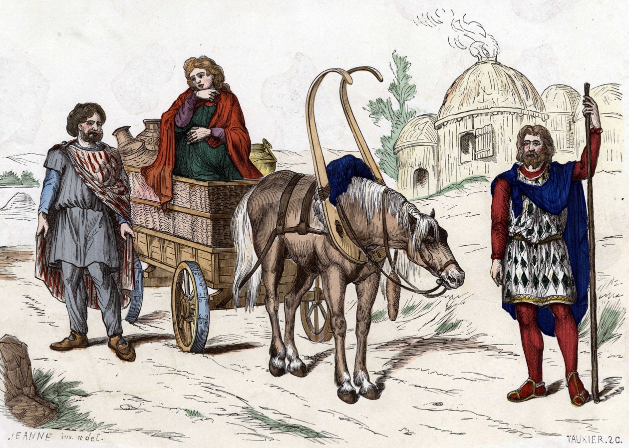 Gallische woning, vrouw, boer, wagen, rijke boer, harnas. door Unknown artist