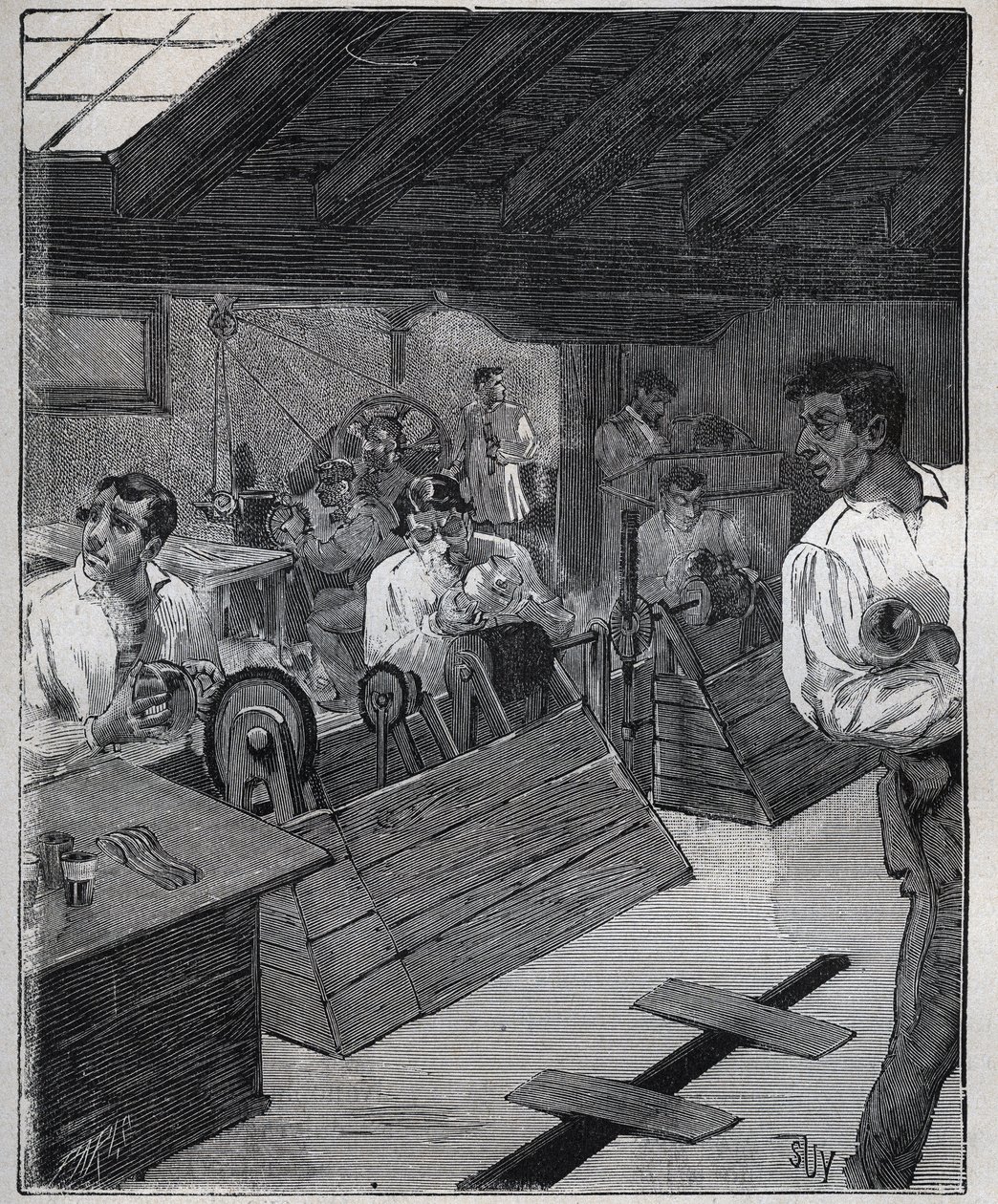 Galvanische vergulding: schrapen van gouden sieraden met een schraper-boesse. Gravure uit 1885 in 