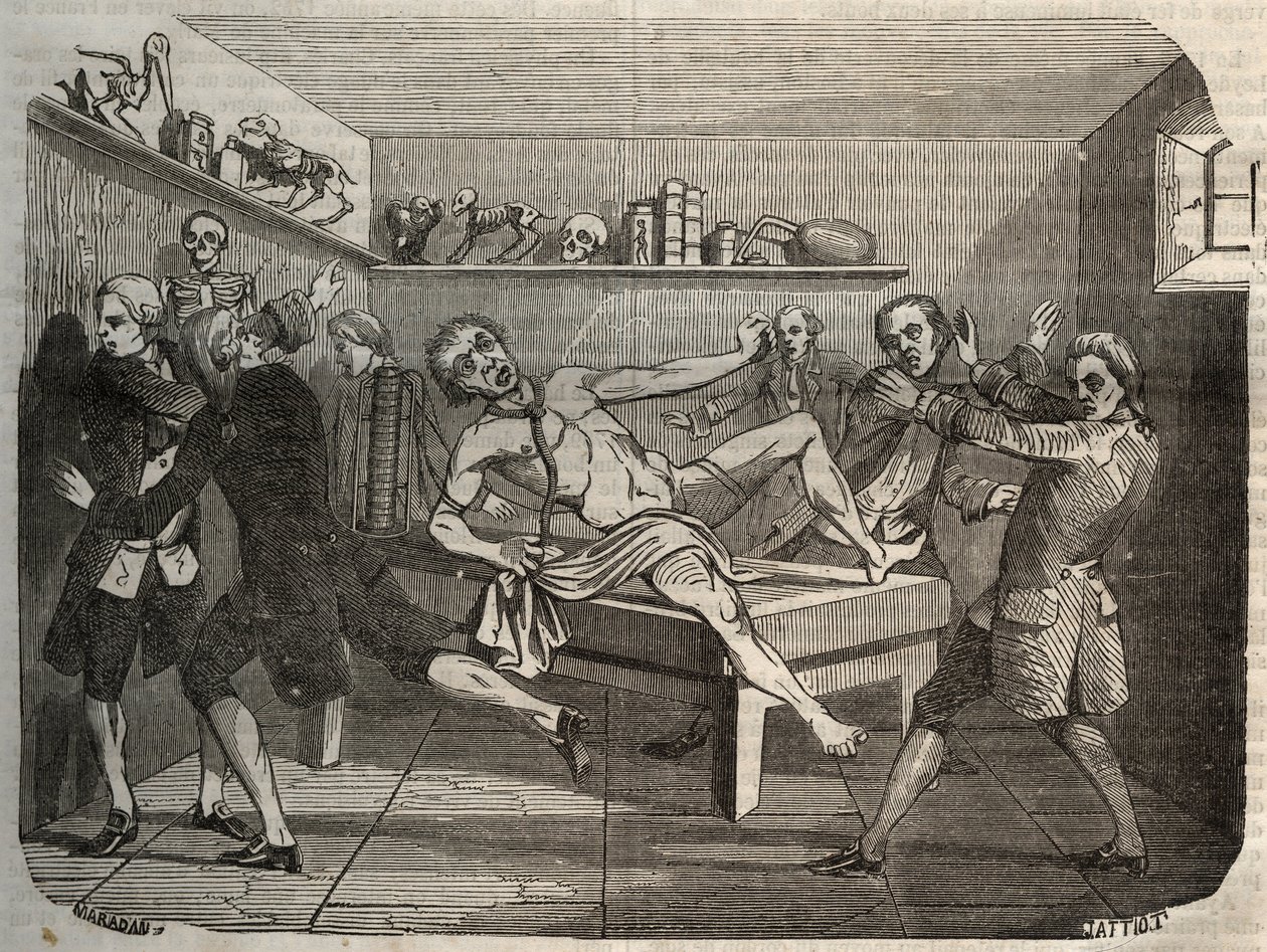 Galvanisatie van het lijk van een beul met de stapel van Alessandro (Alexandre) Volta: onder invloed van elektriciteit lijkt het lijk weer tot leven te komen. Gravure uit 1856 in 
