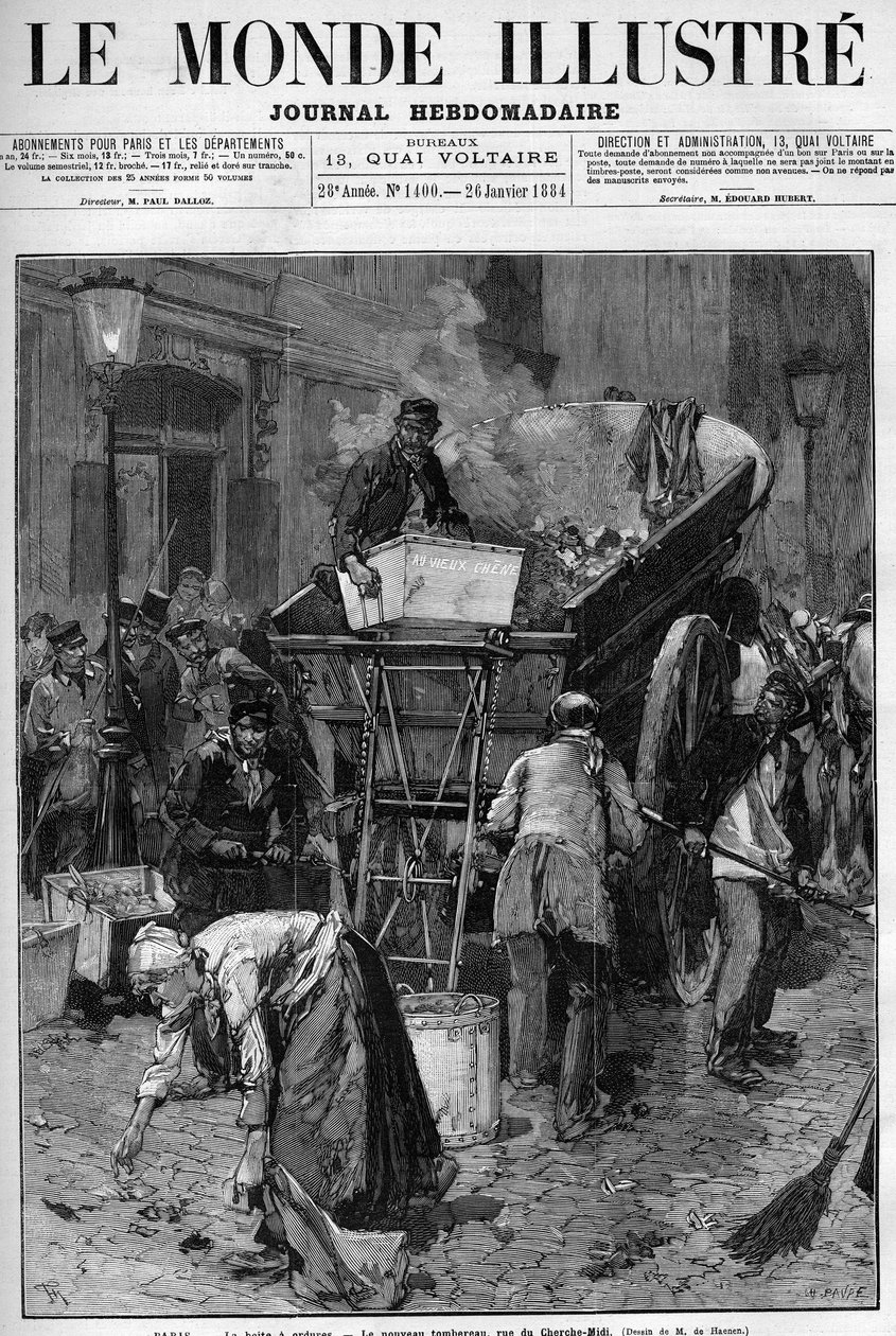 Vuilnisbak, de nieuwe vrachtwagen rue du Cherche Midi (Cherche-Midi) in Parijs. Mannen en vrouwen die afval oprapen op een straat in Parijs om het in een kar te doen, waardoor het leven wordt schoongemaakt. Gravure in 