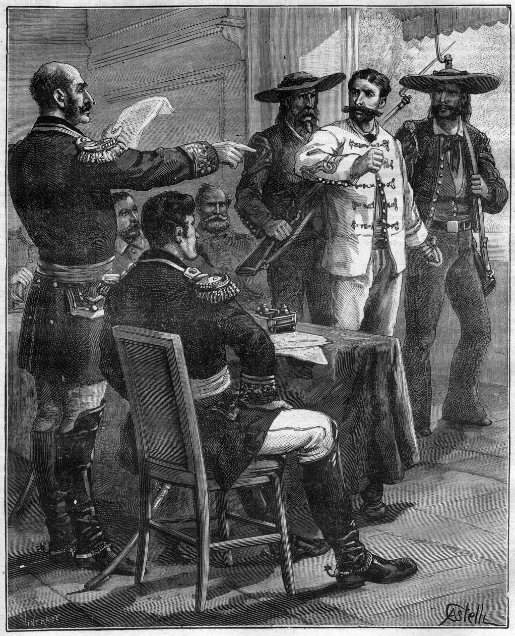 Gaston de Raousset-Boulbon (1817-1854) voorgeleid aan een krijgsraad in 1854 in Mexico - gravure uit 1888 door Unknown artist