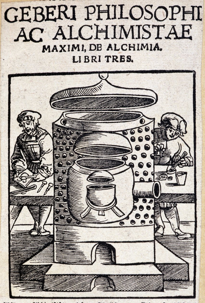 Geberi philosophi ac alchimistae titelpagina van een alchemie deal. Geber (v721-v815), Arabische Alchemist door Unknown artist