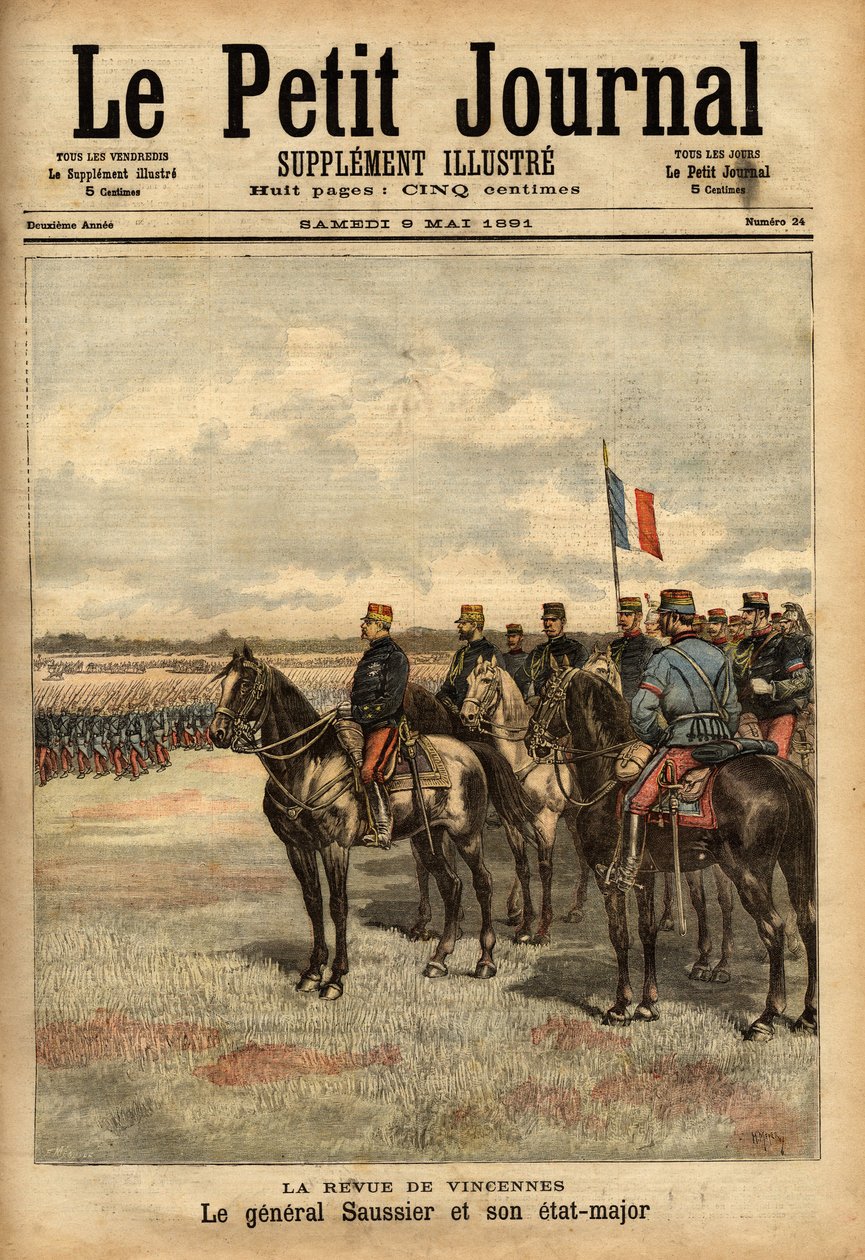 Generaal Felix Gustave Saussier en zijn staf inspecteren de troepen in Vincennes. Gravure in 