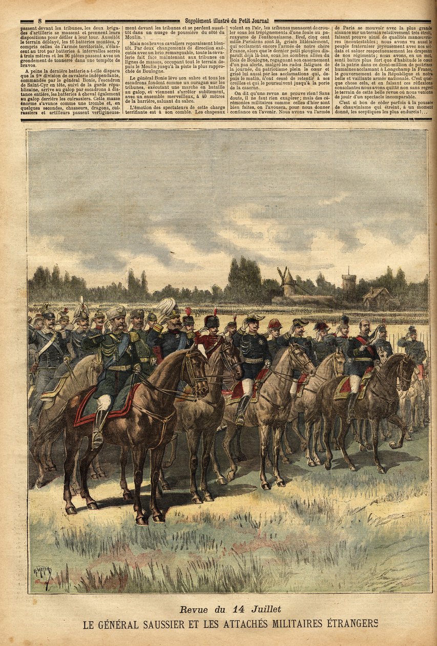 Generaal Felix Gustave (Felix-Gustave) Saussier (1828-1905), militair gouverneur van Parijs sinds 1884, omringd door buitenlandse militaire banden, inspecteerde de troepen tijdens de parade op 14 juli 1891 in de vlakte van het Bois de Boulogne. Gravure in  door Unknown artist