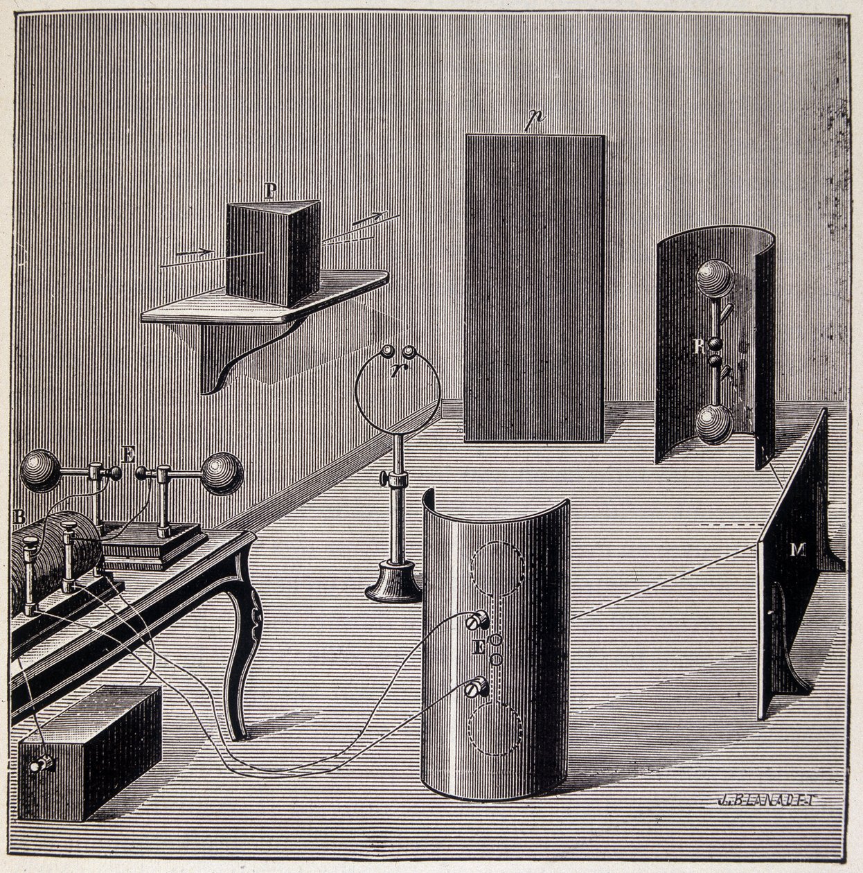 Algemene opzet van de experimenten van Heinrich Hertz (1857-1894) over elektrische golven - in "Populaire natuurkunde" door Emile Desbeaux, Flammarion door Unknown artist