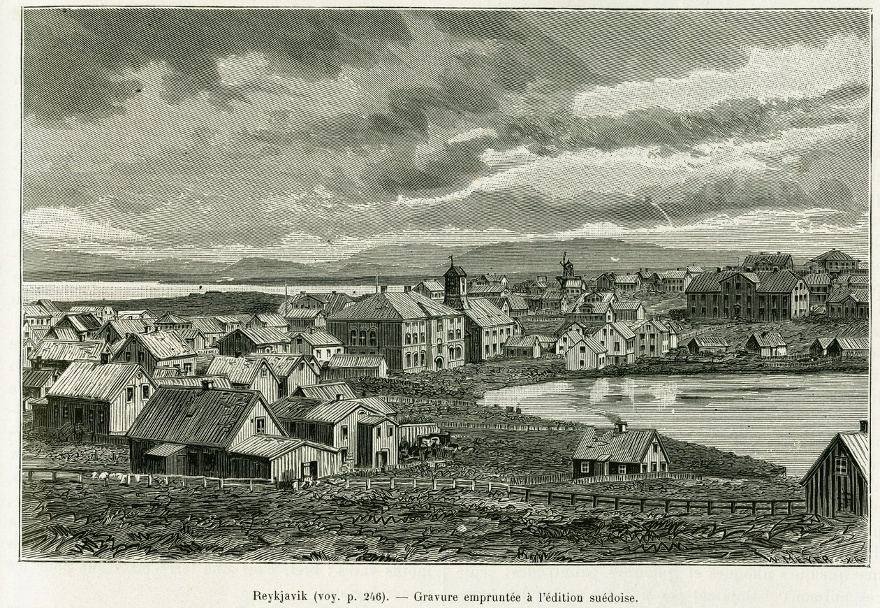 Algemeen uitzicht op Reykjavik. Gravure ter illustratie van het verhaal 