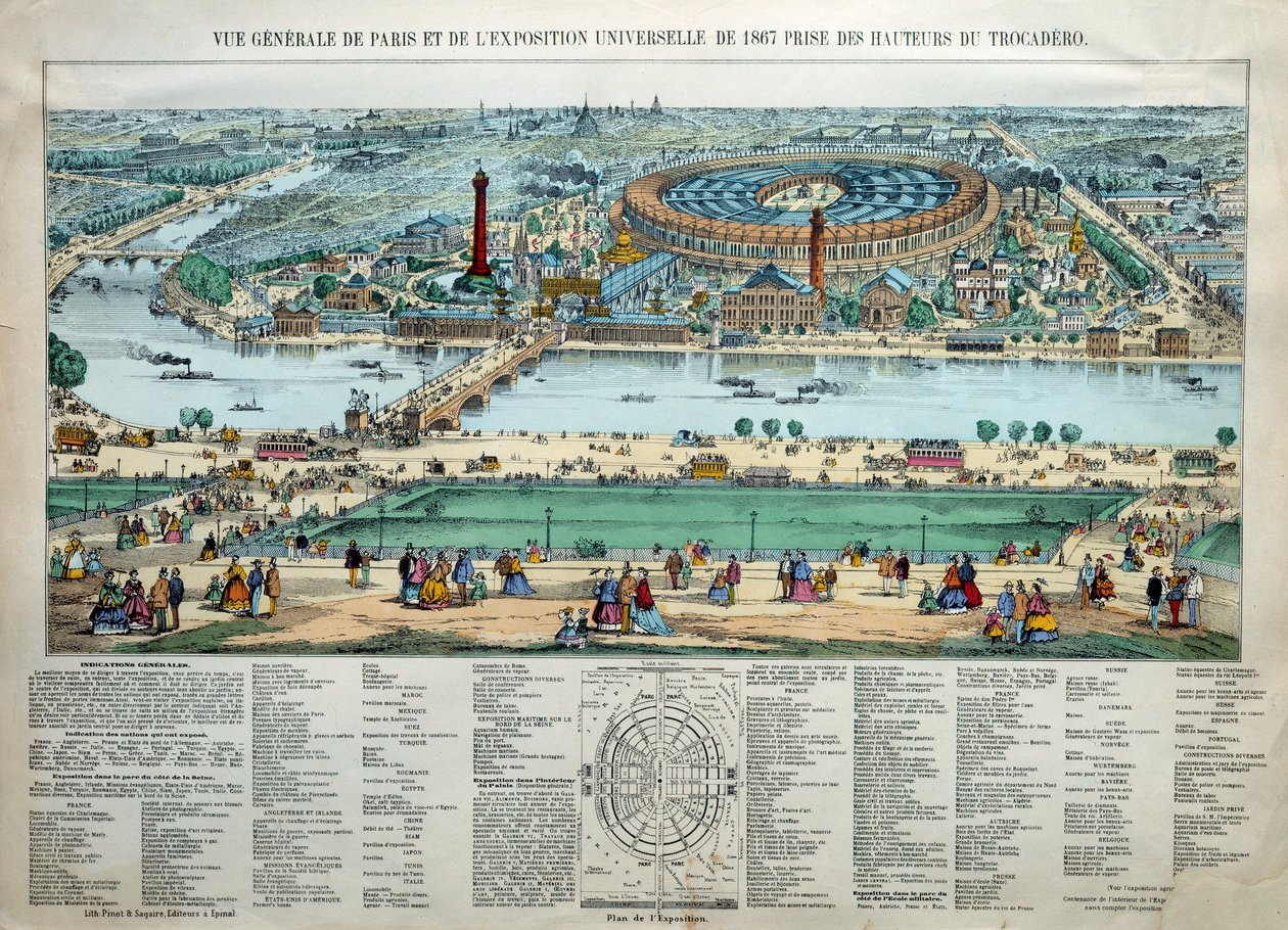 Algemeen overzicht van de Wereldtentoonstelling van 1867 in Parijs. Onderaan: het park van de militaire school van de Champ de Mars. Gravure Parijs, Musee Carnavalet door Unknown artist