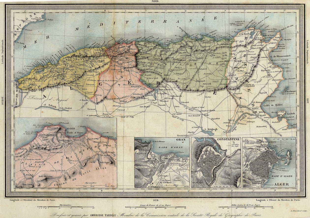 Geografische kaart van Algerije en details van de provincies Algiers, Oran en Constantine, gemaakt door Amboise Tardieu. door Unknown artist
