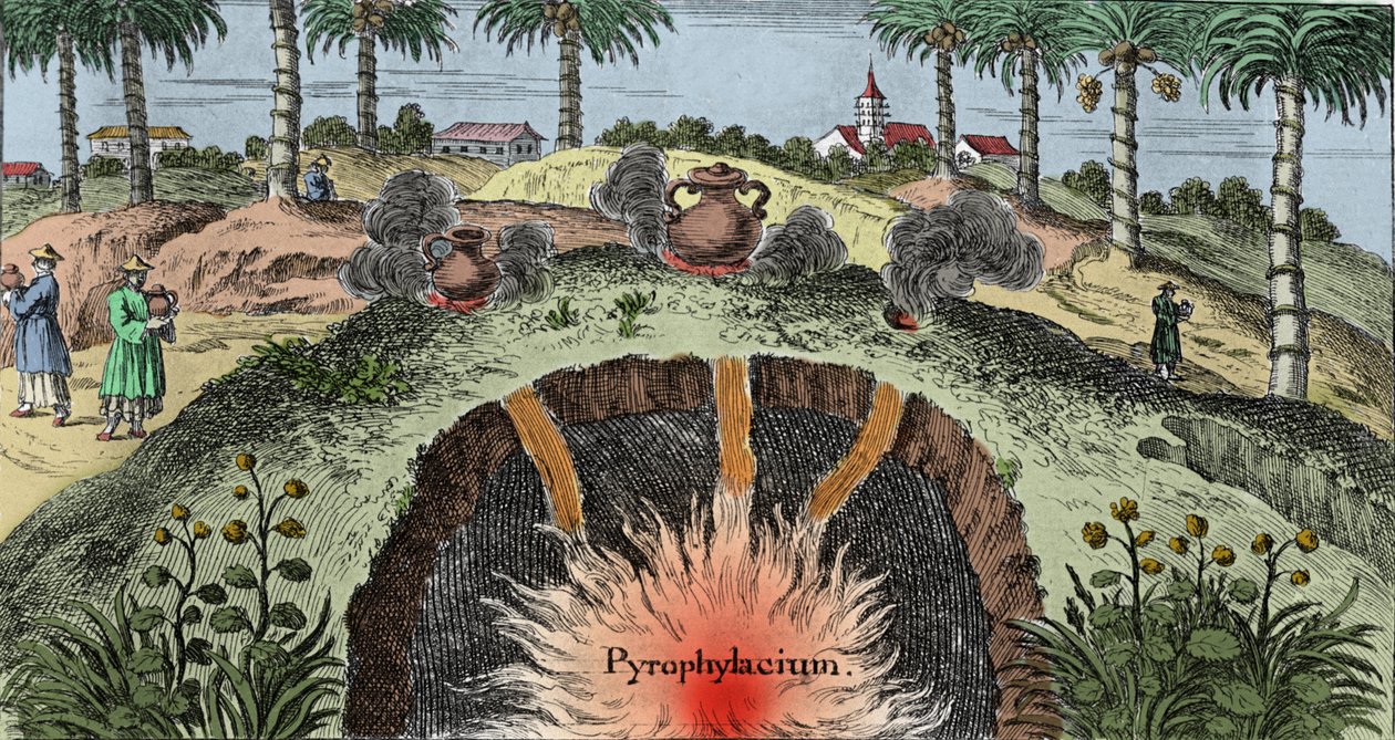Geologie: doorsnede van de aardkorst die de uitbarsting van vuur uit de aarde verklaart. Gravure uit 