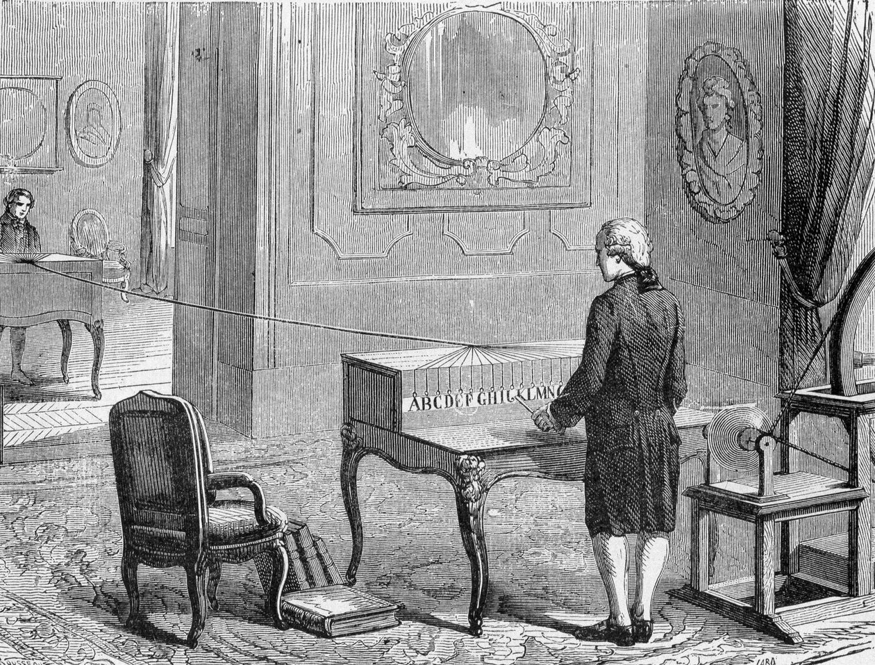 Georges Lesage, uitvinder van de eerste elektrische telegraaf voor een prototype. 1774. Gravure 19e eeuw door Unknown artist