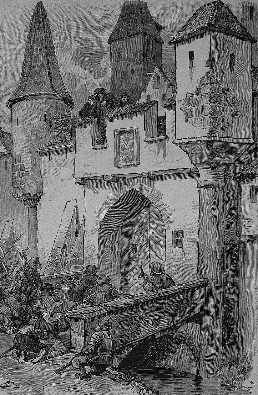 Duitse Boerenoorlog (1524-1526): Eberlin drukke stadsbewoners bij de Augstbruecke naar Erfurt, Johann Eberlin Gunzburg was een Duitse theoloog en sociaal hervormer, Reformatie in Franken door Unknown artist
