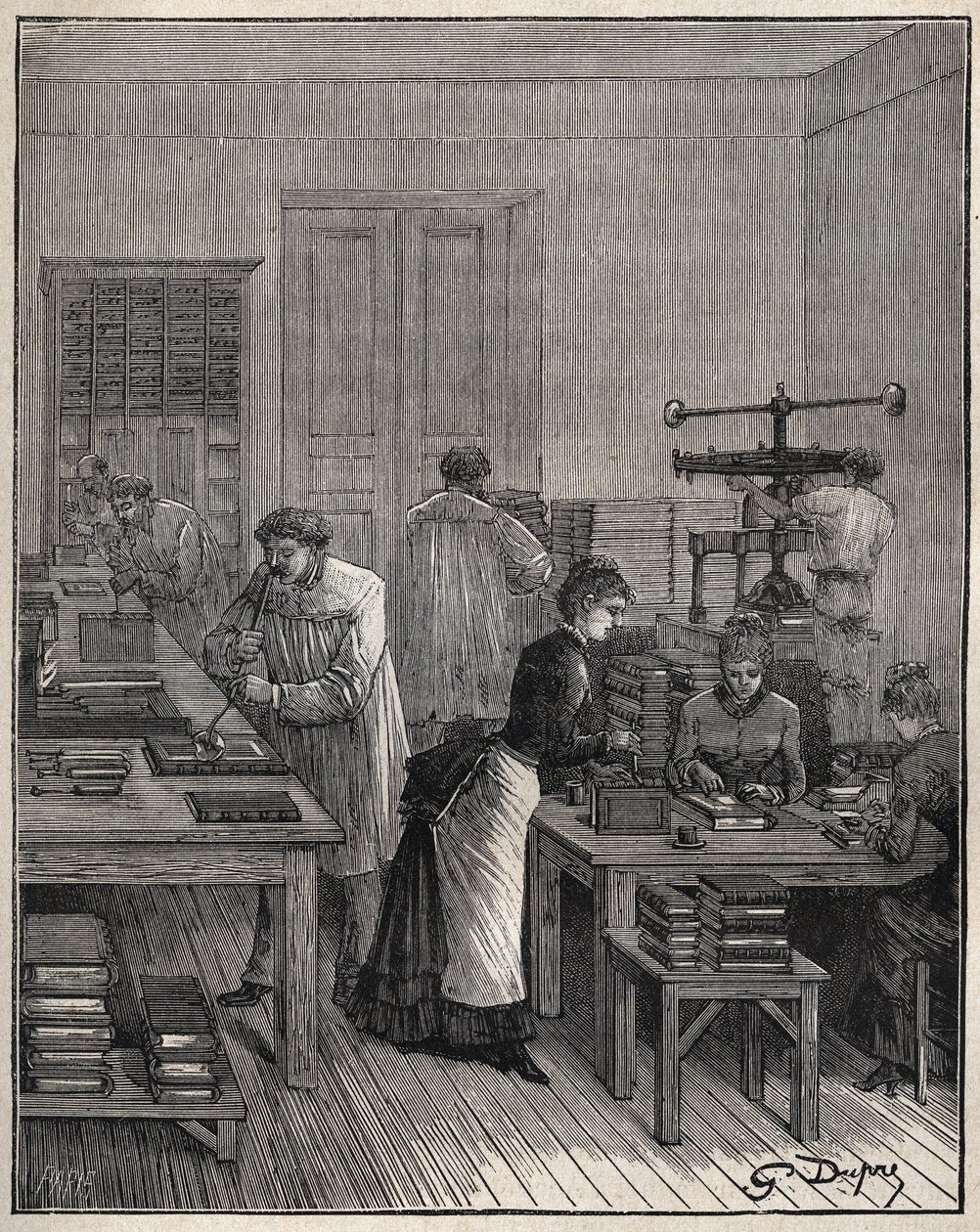Vergulden van boeken (omslagen) in ijzer in een werkplaats in Frankrijk in de 19e eeuw. Gravure uit 1885 in “Les arts et métiers illustrés” door Adolphe BITARD door Unknown artist