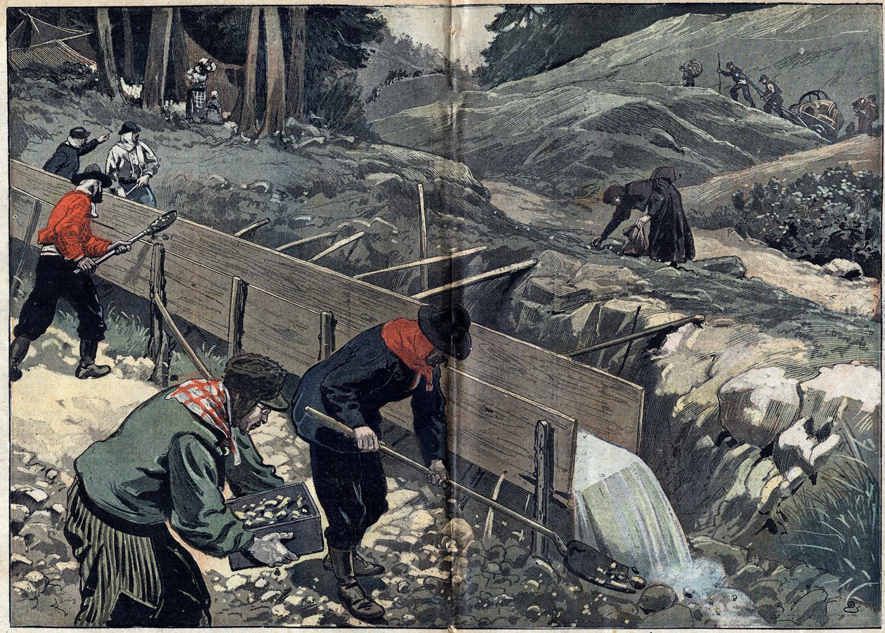 Goudkoorts in Alaska: goudzoekers wassen goudmodder. Een vrouw raapt klompjes op terwijl nieuwe goudzoekers het kamp binnenkomen. Illustratie in Le Pelerin van 20 februari. door Unknown artist