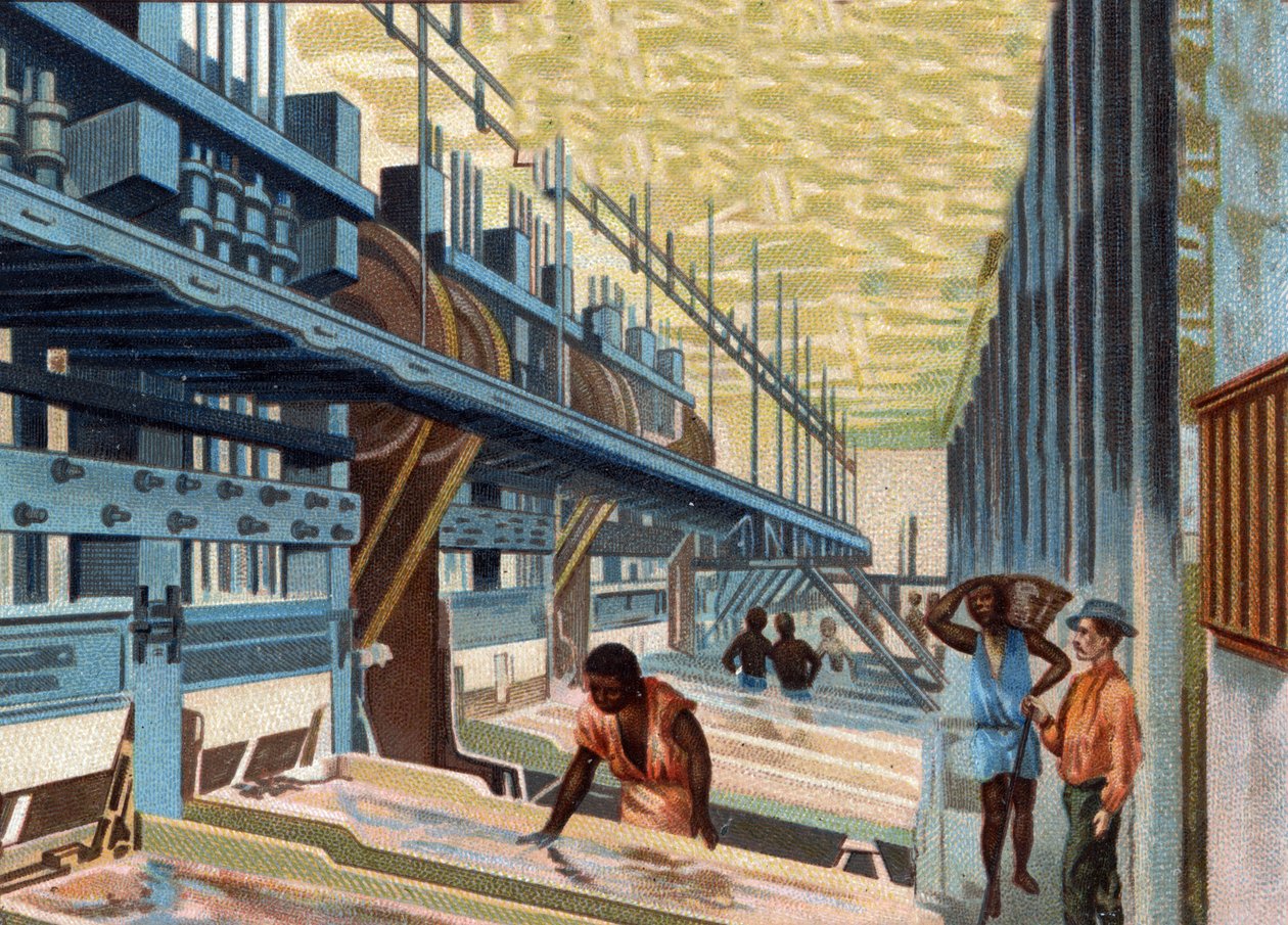 Goudwinning. Het malen van het erts in de pot wordt gewassen met veel water en passeert vervolgens over de koperen platen om het goud van de andere materialen te scheiden. Chromolithografie uit de late 19e eeuw. door Unknown artist