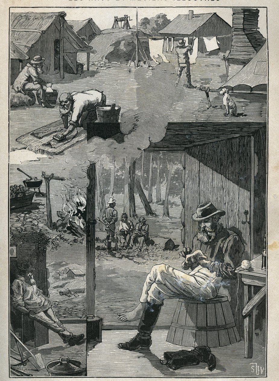Goudzoekers in Australië: tafereel uit het dagelijks leven van mijnwerkers tijdens hun rustdagen (schoonmaken en drogen van linnen, sokken, enz.). Gravure uit 1885 in 